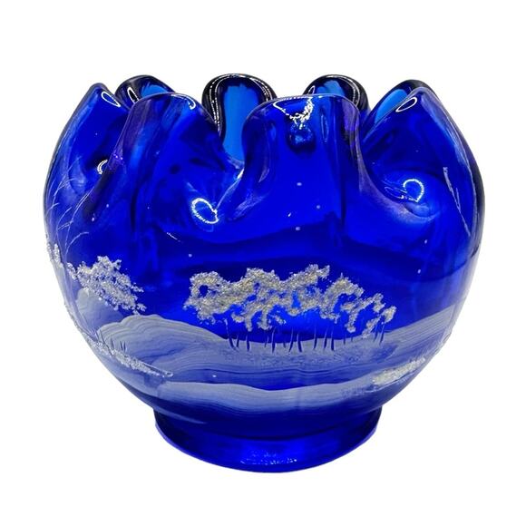 Vintage Fenton Cobalt Blue Rose Bowl hand Painted Signed Snow Winter Scene - Picture 5 of 13